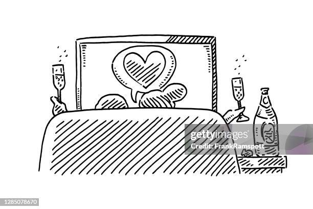 couple watching tv and celebrating their love drawing - romantic couple back stock illustrations