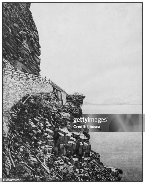 antique black and white photo of the united states: lake tahoe and cave rock - lake tahoe road stock illustrations