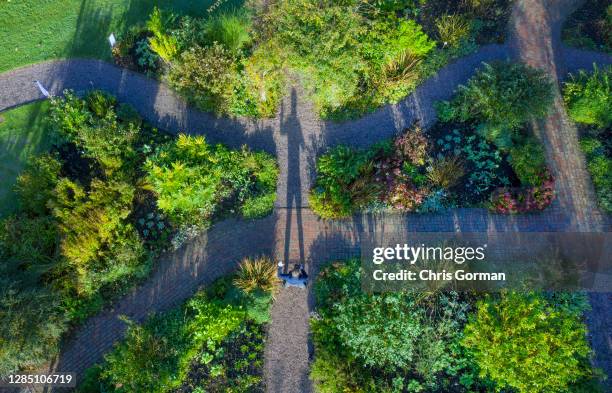 An aerial view of gardeners working and casting shadows at RHS Garden Rosemoor on November 4,2020 in Rosemoor, England. The gardens will stay open...