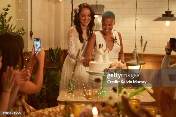 lesbian same sex wedding and friends having a wedding dinner party - engagement stock pictures, royalty-free photos & images