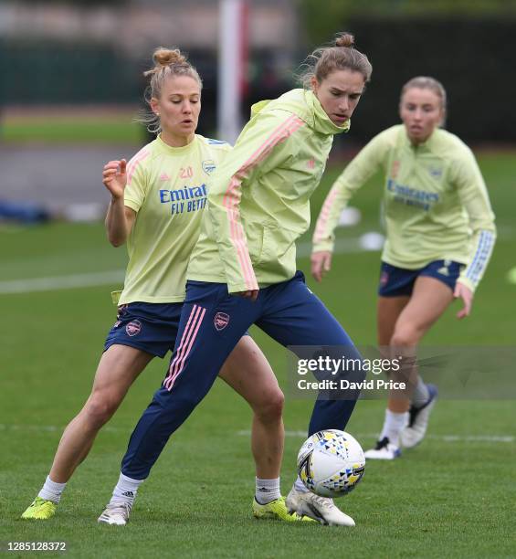 Vivianne Miedema and Leonie Maier of Arsenal during the Arsenal Women's training session at Arsenal Academy on November 11, 2020 in Walthamstow,...