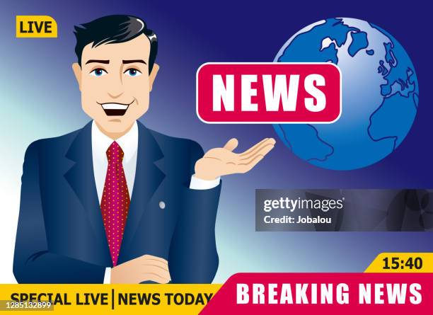 television news anchorman bei studio - announcer stock-grafiken, -clipart, -cartoons und -symbole