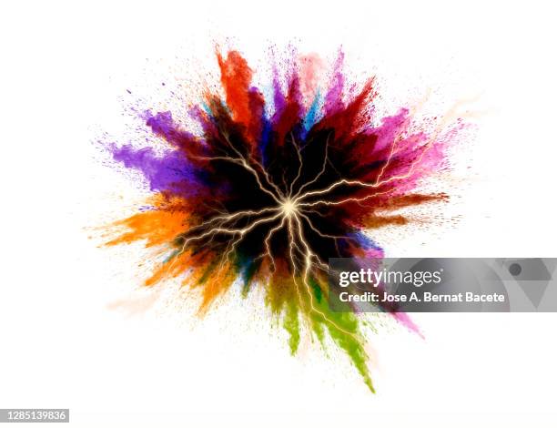 electric explosion with smoke and lightning bolts on a white background - fireworks on white stockfoto's en -beelden