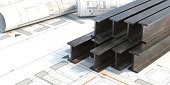 Steel beams stack on project blueprints background. 3d illustration
