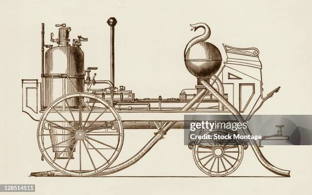 Illustration depicts the first practical steam-powered fire engine, designed and built by John Braithwaite and John Ericsson, England, late 1820s.