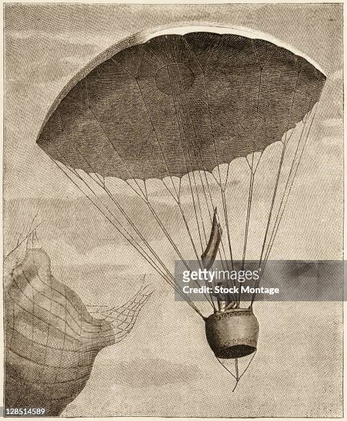 Illustration shows French inventor and aviator Andre-Jacques Garnerin as he descends from a balloon using a parachute, Paris, France, October 27,...