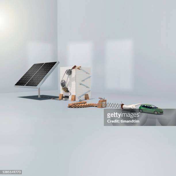 Solar panel activiting a Rube Goldberg machine