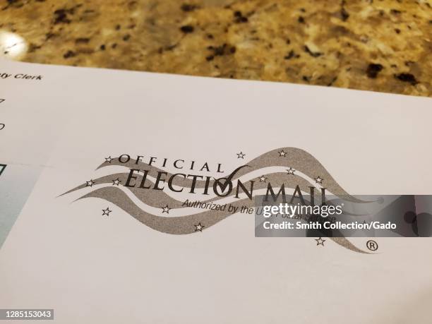 Detail of a official mail in ballot envelope reading "Official Election Mail Authorized by the U.S. Postal Service", San Ramon, California, November...