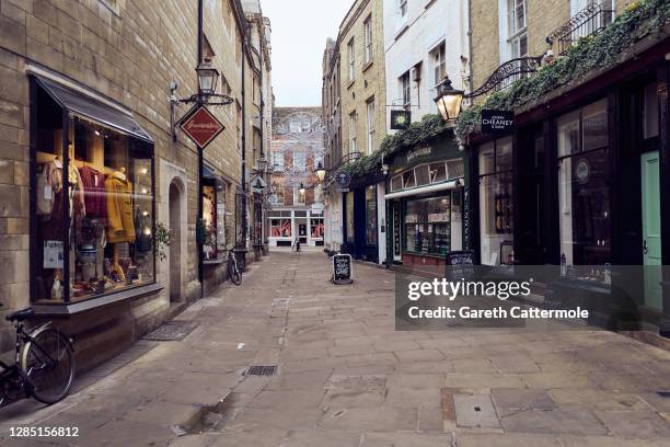 General view of shops on November 10, 2020 in Cambridge, England. England entered a second national coronavirus lockdown on 5th November. People are...