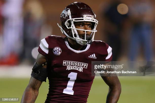 Martin Emerson of the Mississippi State Bulldogs reacts against the Arkansas Razorbacks during a game at Davis Wade Stadium on October 03, 2020 in...