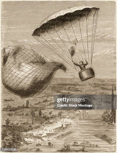 Illustration shows French inventor and aviator Andre-Jacques Garnerin as he descends from a balloon using a parachute, Paris, France, October 27,...