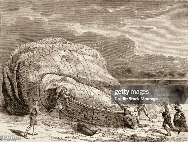 Illustration depicts the death of French aeronaut Jean-Francois Pilatre de Rozier and his assistant Pierre Romain in a balloon accident near...