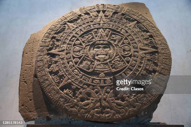 View of Sun stone or as it is known, Aztec calendar during a reopening ceremony at Museo Nacional de Antropologia on November 11, 2020 in Mexico...