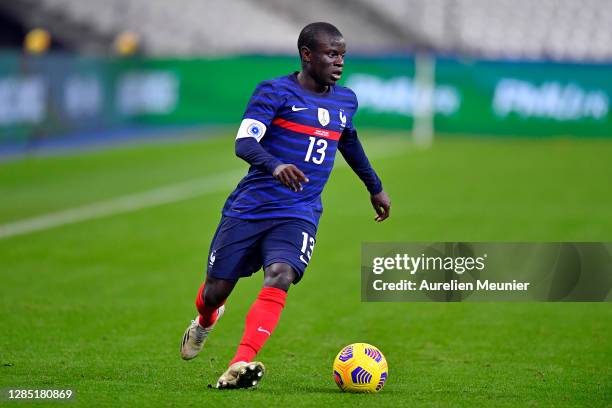 Ngolo Kante of France runs with the ball during the international friendly match between France and Finland at Stade de France on November 11, 2020...