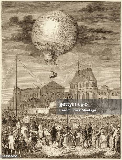 Illustration depicts the launch of a hot-air balloon, named 'Aerostat Reveillon' and designed by sibing French inventors Joseph-Michel and...
