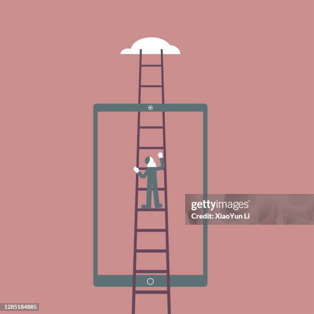 a man climbed up the cloud using a ladder to cross the tablet. - man using tablet stock illustrations