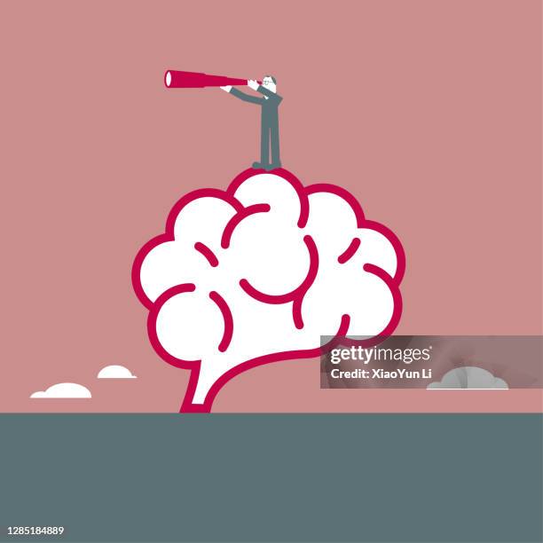 a man stands on brain and observes with a telescope. - watching comedy stock illustrations