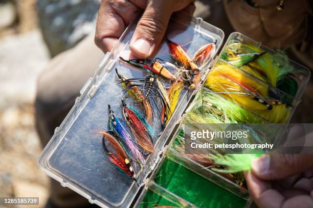 close up of various fly fishing hooks - fly casting imagens e fotografias de stock