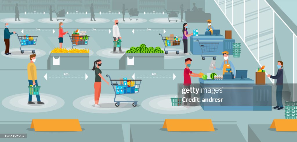 Illustration of people at the supermarket wearing facemasks while social distancing to pay at the cash register