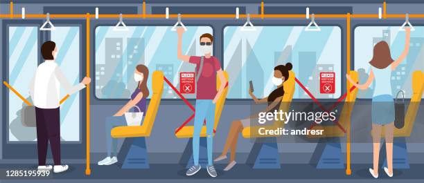 illustration of people complying to social distancing while commuting on a bus - interior stock illustrations