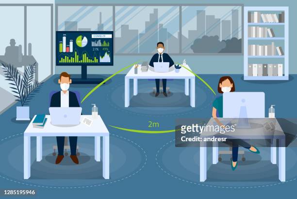 illustration of a group of workers complying to social distancing at the office - coronavirus office stock illustrations