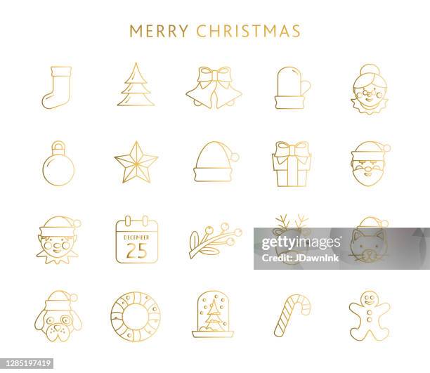 クリスマスラインアートアウトラインデザインアイコンセット黄金色 - クリスマス　猫点のイラスト素材／クリップアート素材／マンガ素材／アイコン素材