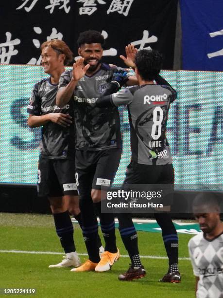 Patric of Gamba Osaka celebrates scoring his side's first goal during the J.League Meiji Yasuda J1 match between Gamba Osaka and Vissel Kobe at...