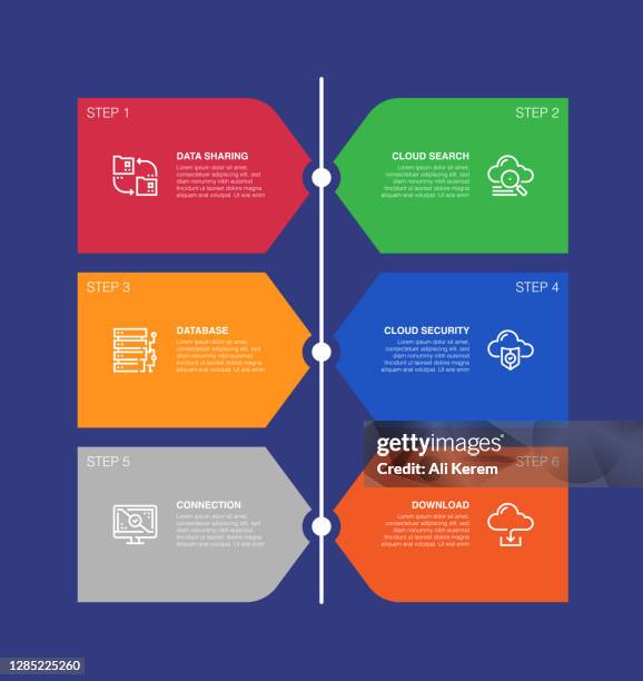 infographic design template. data sharing, cloud search, database, cloud security, connection, download icons with 6 options or steps. - virtual network connection stock illustrations
