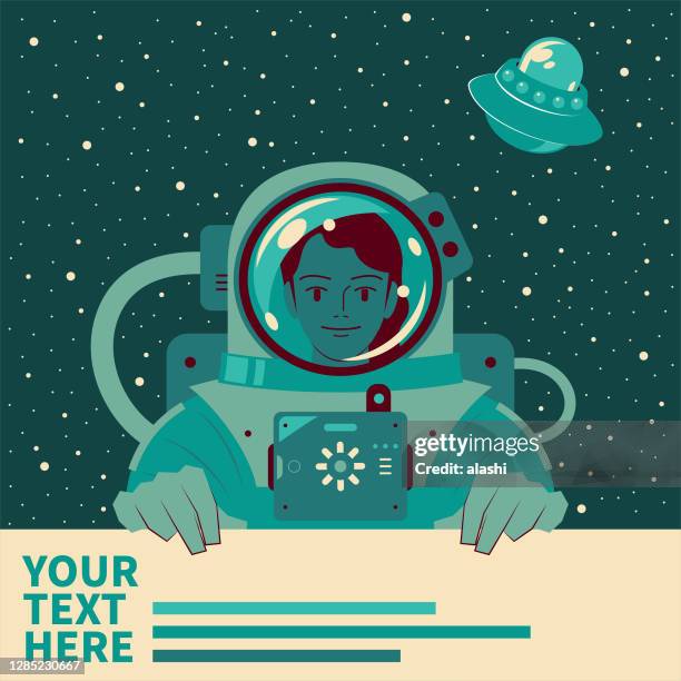 smiling beautiful female astronaut (spaceman) holding and showing a blank sign, mars immigrants, space travel and exploration - spaceport stock illustrations