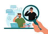 Online crime concept illustration, online social media fraud. A swindler and a thief are working at the computer. Vector flat illustration isolated on white background.