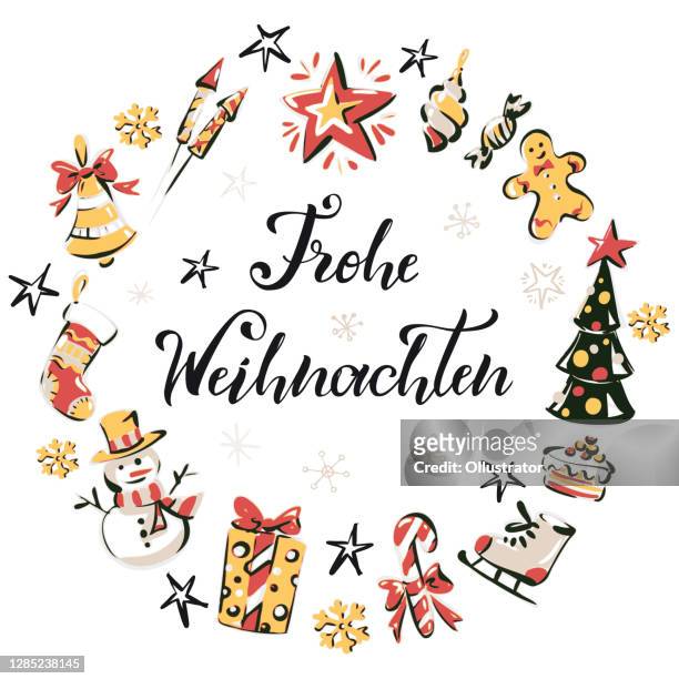 "merry christmas" christmas wreath - merry christmas wreath in german - weihnachten illustration stock illustrations