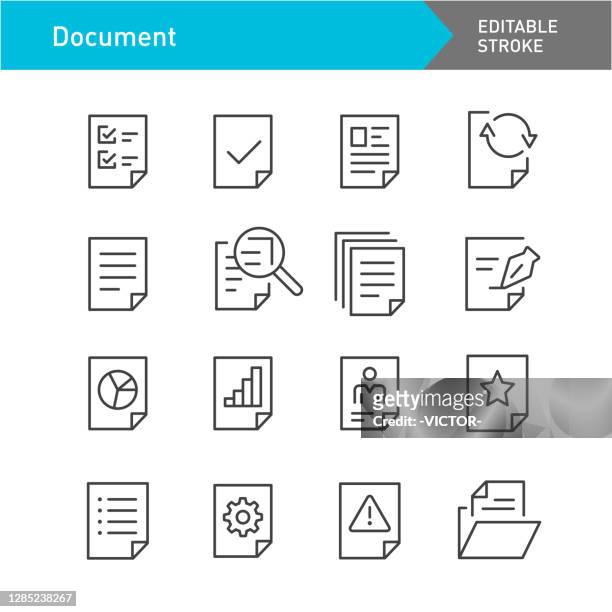 document icons set - line series - editable stroke - magnifying glass stock illustrations