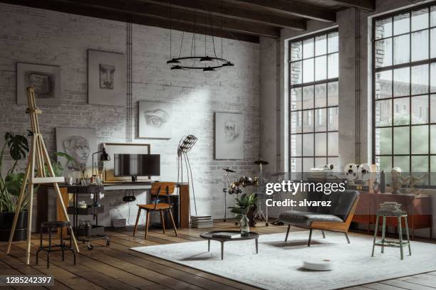 immagine generata digitalmente di un appartamento loft in stile industriale - loft interior foto e immagini stock