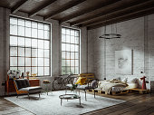 Panoramic view of an apartment loft in a new york industrial style