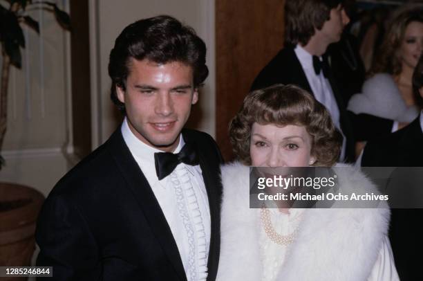 American actor Lorenzo Lamas and American actress Jane Wyman attend the 40th Annual Golden Globe Awards, held at the Beverly Hilton Hotel in Beverly...