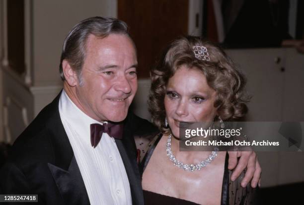 American actor Jack Lemmon and his wife, American actress Felicia Farr attend the 40th Annual Golden Globe Awards, held at the Beverly Hilton Hotel...