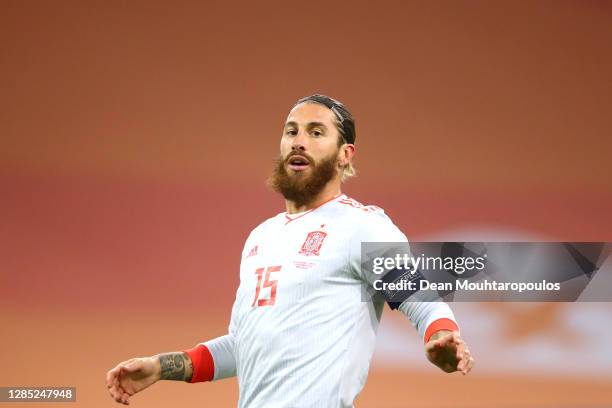 Sergio Ramos of Spain in action during the international friendly match between Netherlands and Spain at Johan Cruijff Arena on November 11, 2020 in...