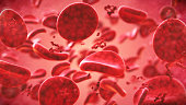 Magnification on a group of red blood cells in blood plasma
