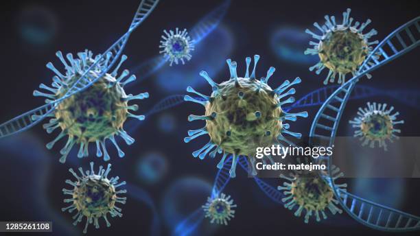 groene en blauwe coronaviruscellen onder vergroting die met de celstructuur van dna worden verweven - virology stockfoto's en -beelden