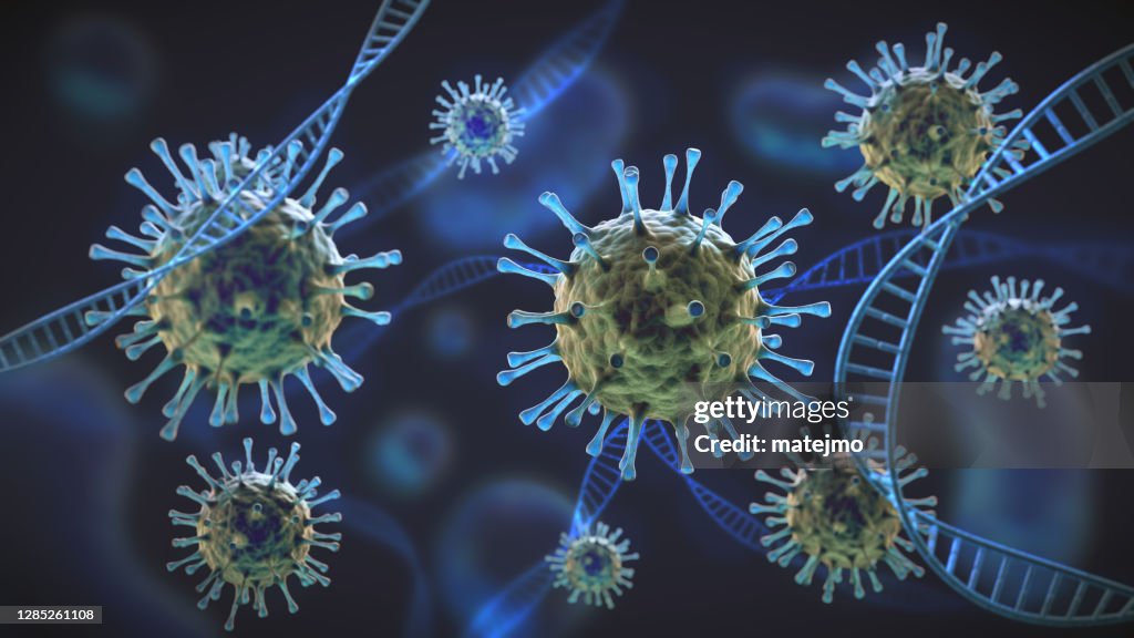 Green and blue coronavirus cells under magnification intertwined with DNA cell structure