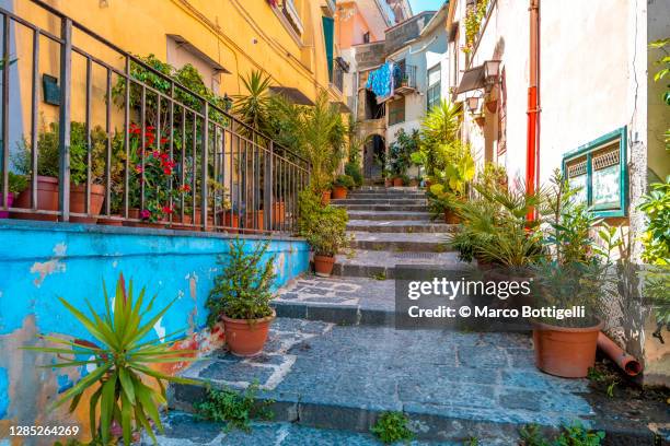 narrow alley with steps in naples, italy - nápoles florida fotografías e imágenes de stock