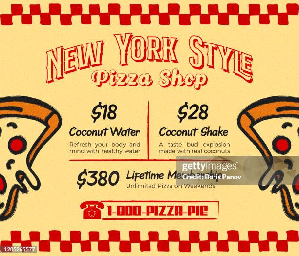 ilustrações de stock, clip art, desenhos animados e ícones de retro new york style pizza promo menu for pizzeria restaurant or vintage bistro with pepperoni pizza slices - restaurant logo