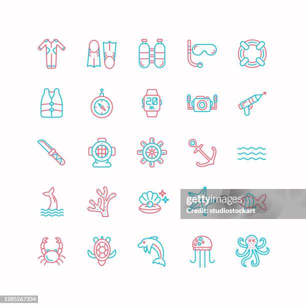 scuba diving line icons - scuba mask stock-grafiken, -clipart, -cartoons und -symbole