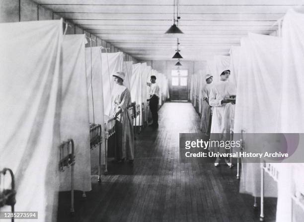 Nurses and Orderlies standing at foot of Beds separated by Sheets, Influenza Ward, U.S. Army, Walter Reed General Hospital, Washington, D.C., USA,...
