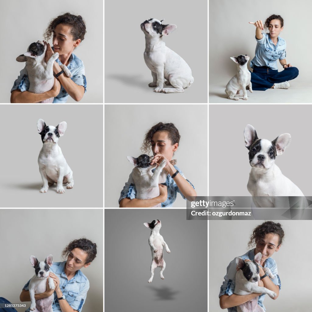 Young woman portraits playing with her French Bulldog puppy over gray background. Hugging, pet friendship, isolated gray background, studio shot