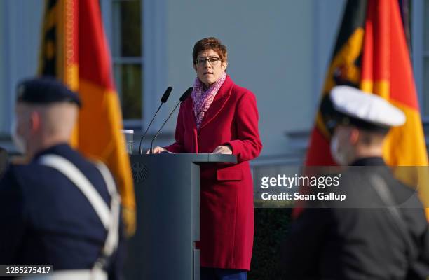 German Defense Minister Annegret Kramp-Karrenbauer addresses soldiers of the Bundeswehr, the German armed forces, at a scaled-down ceremony at...