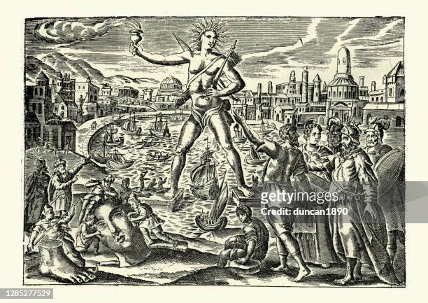 colossus of rhodes, seven wonders of the ancient world - rhodes,_new_south_wales stock illustrations