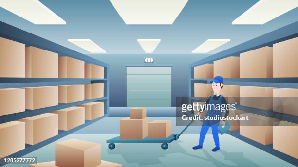 ilustrações de stock, clip art, desenhos animados e ícones de warehouse worker pushing a hand truck - moving service