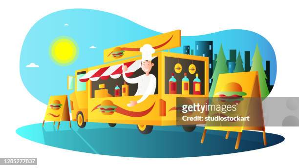 ilustrações, clipart, desenhos animados e ícones de food truck e chef - comida de rua