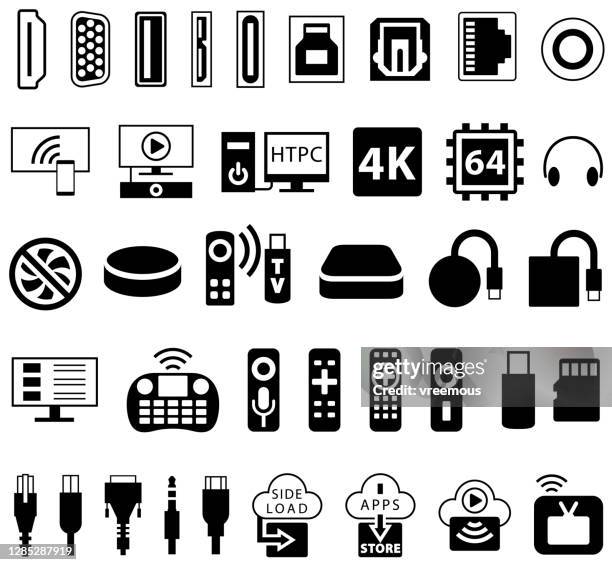 stockillustraties, clipart, cartoons en iconen met tv-streamingboxen en mediaspelerpictogrammen - kabeltelevisie televisietoestel